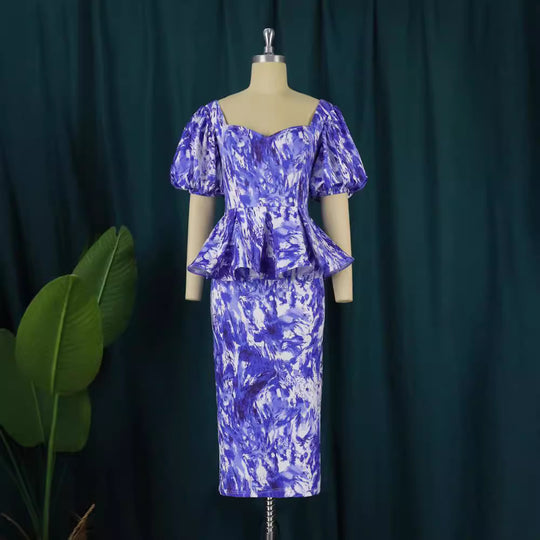 Damen elegantes Midikleid mit Puffärmeln und raffinierter Taille EB