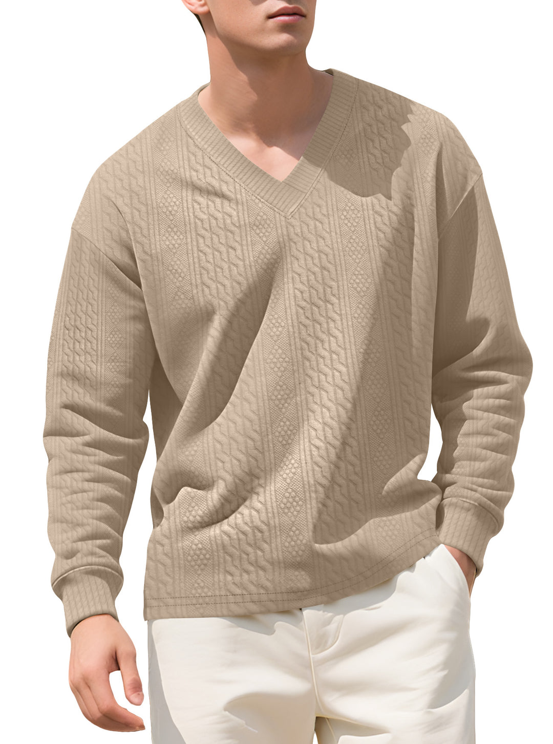 Herren nan strukturierter V-Ausschnitt Strickpullover mit Kabel- und Wabenmuster EB