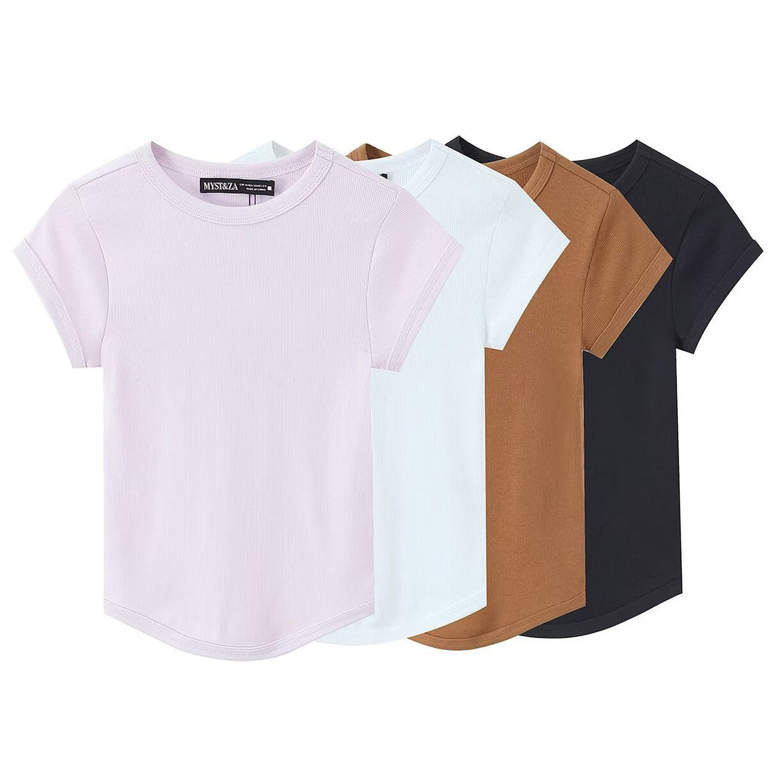 Damen hochwertiges, figurbetontes Basic-T-Shirt mit feiner Rippstruktur EB