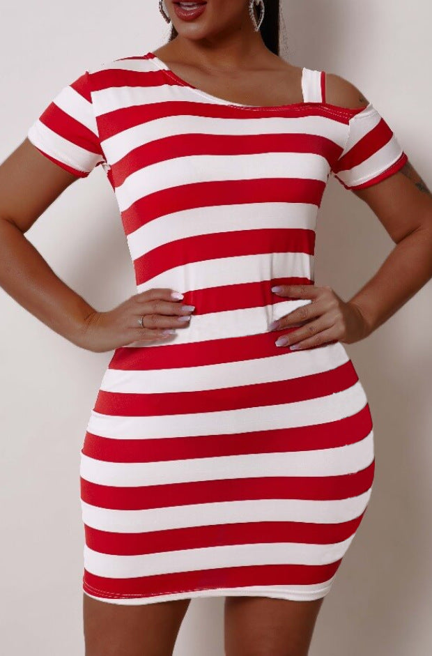 Damen Kurzarm Kleid mit asymmetrischem Ausschnitt und Streifenmuster EB