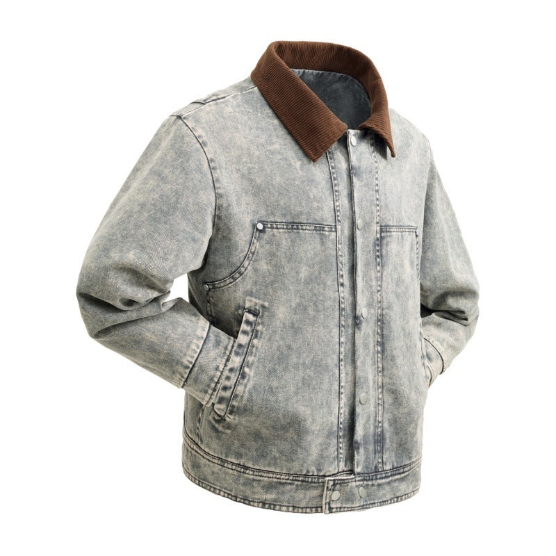 Herren wattierte Jeansjacke mit Cordkragen, Druckknopfleiste und praktischen Seitentaschen EB