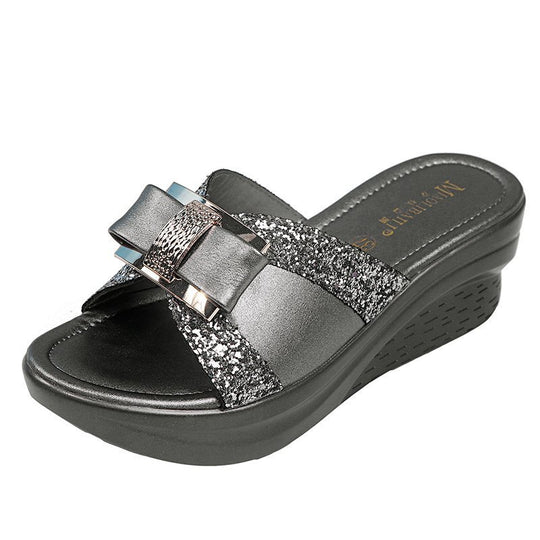 Damen Glitzernde Wedge-Pantoletten mit dekorativem Schleifen-Design EB