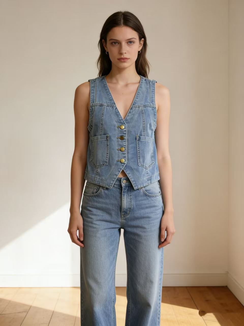 Damen lässige Denim-Weste mit Knopfdetails und aufgesetzten Taschen EB