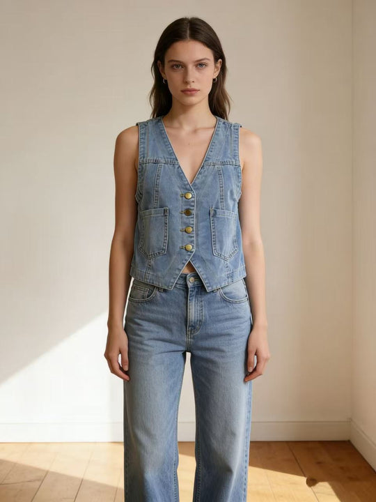 Damen lässige Denim-Weste mit Knopfdetails und aufgesetzten Taschen EB