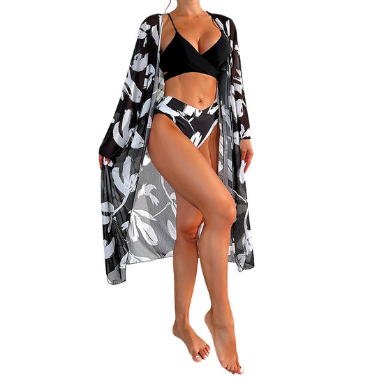 Damen Strandkimono mit floralem Muster und seitlichem Schlitz EB