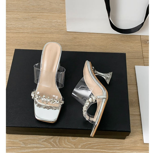 Damen elegante transparente High Heels mit funkelnden Strass-Applikationen EB