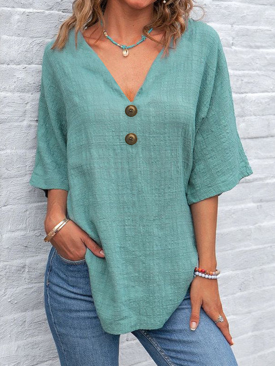 Damen V-Ausschnitt Bluse mit dekorativen Knöpfen und lässigem Schnitt EB