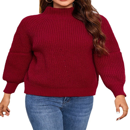 Damen Strickpullover mit hohem Kragen und Volumenärmel EB