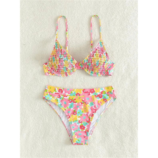Damen Hochgeschnittener Bikini mit floralem Muster und schmalen Trägern EB