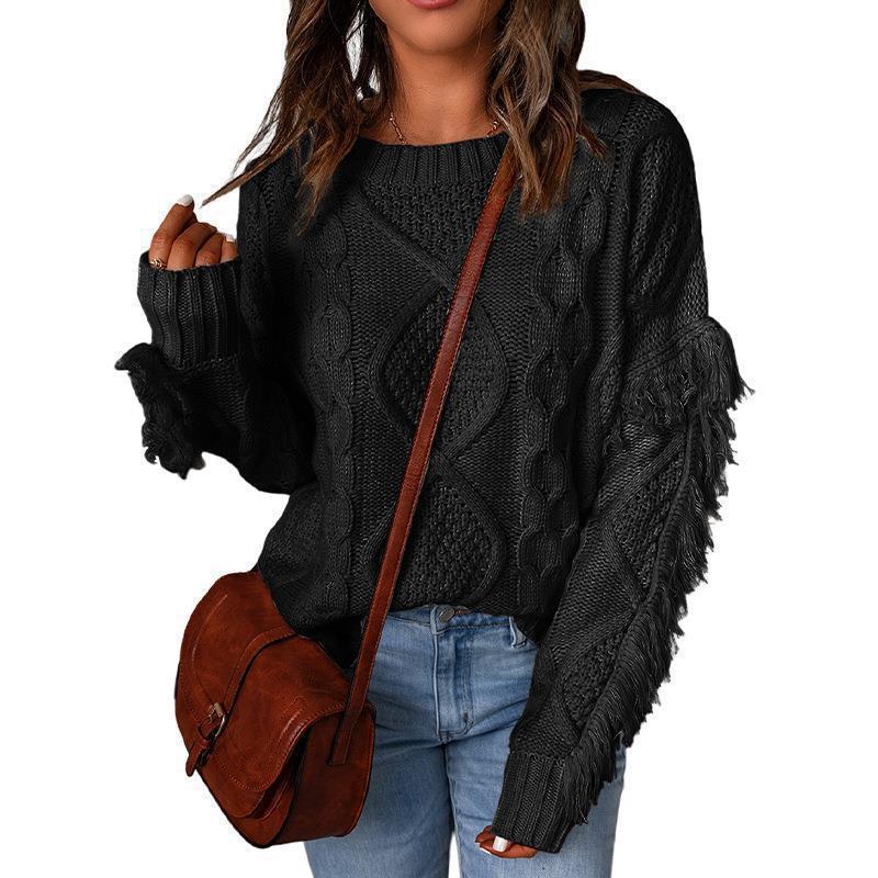 Damen Grobstrickpullover mit modischen Fransen und strukturiertem Design EB