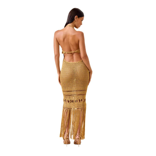 Damen Häkel-Strandkleid mit tiefem V-Ausschnitt und kreativem Cut-Out EB