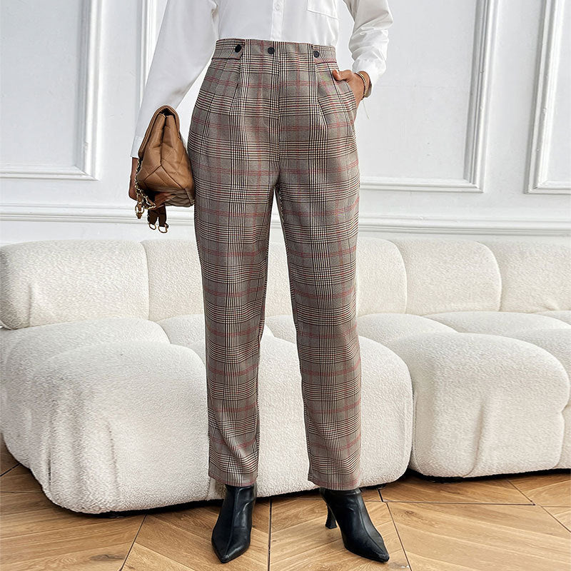 Damen Karottenhose mit hochgezogenem Bund und modischem Karo-Muster EB