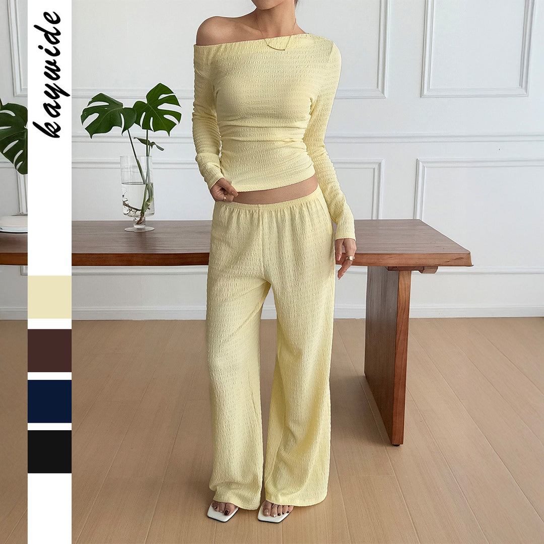 Damen nan legeres Crinkle-Lounge-Set mit Off-Shoulder Crop-Top und weiten High-Waist Palazzohose EB
