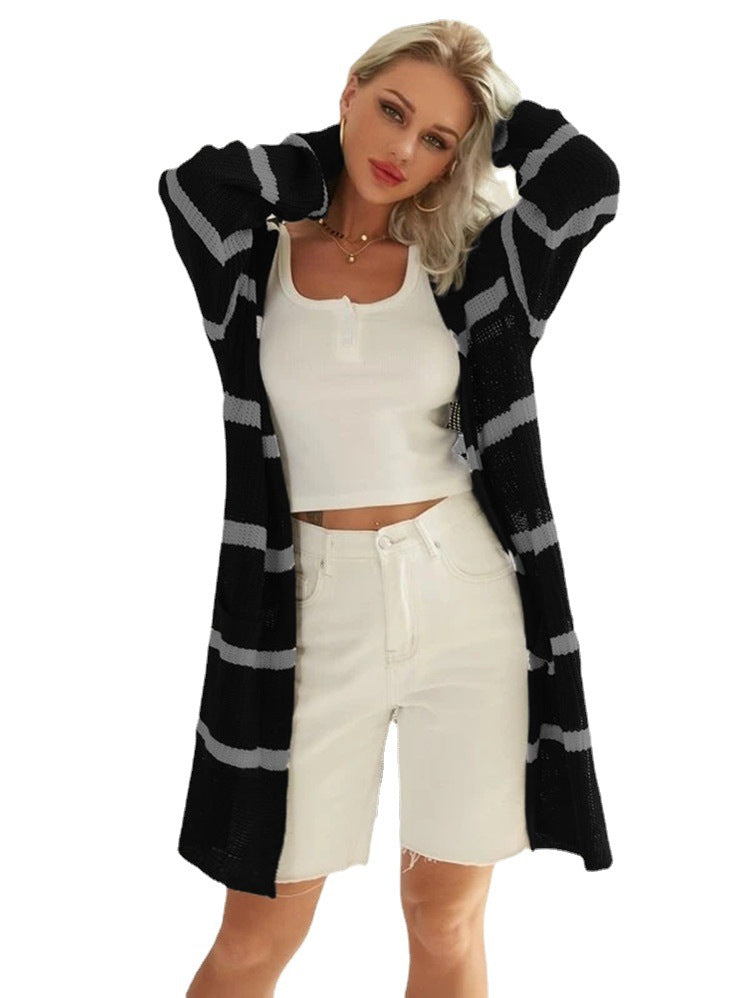 Damen Strickmantel im modischen Lagenlook mit gestreiftem Design EB