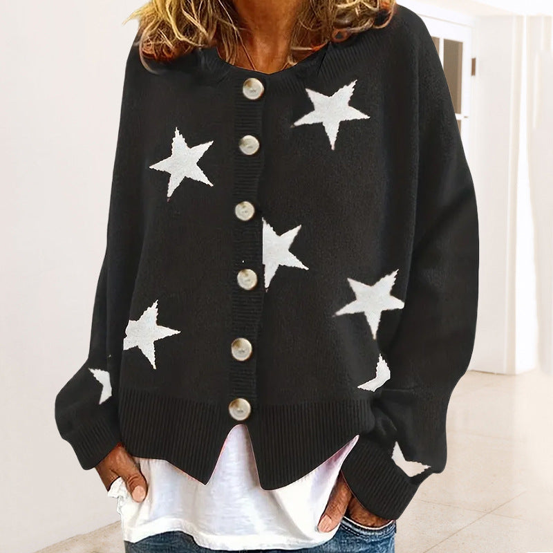 Damen modische Strickjacke mit Sternenmuster und Knopfdetails EB