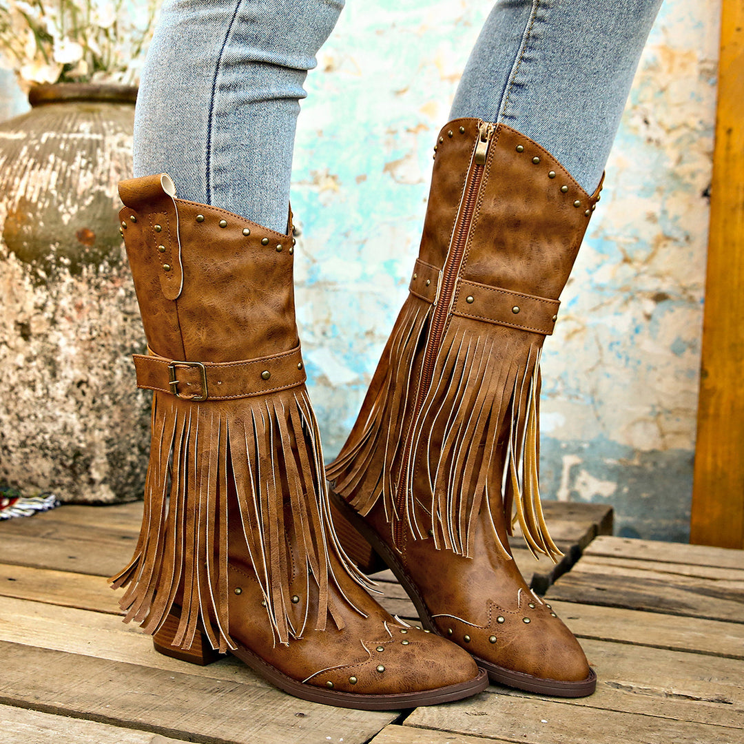 Damen nan Westernstiefel mit Fransen Nieten und Schnallenriemen EB