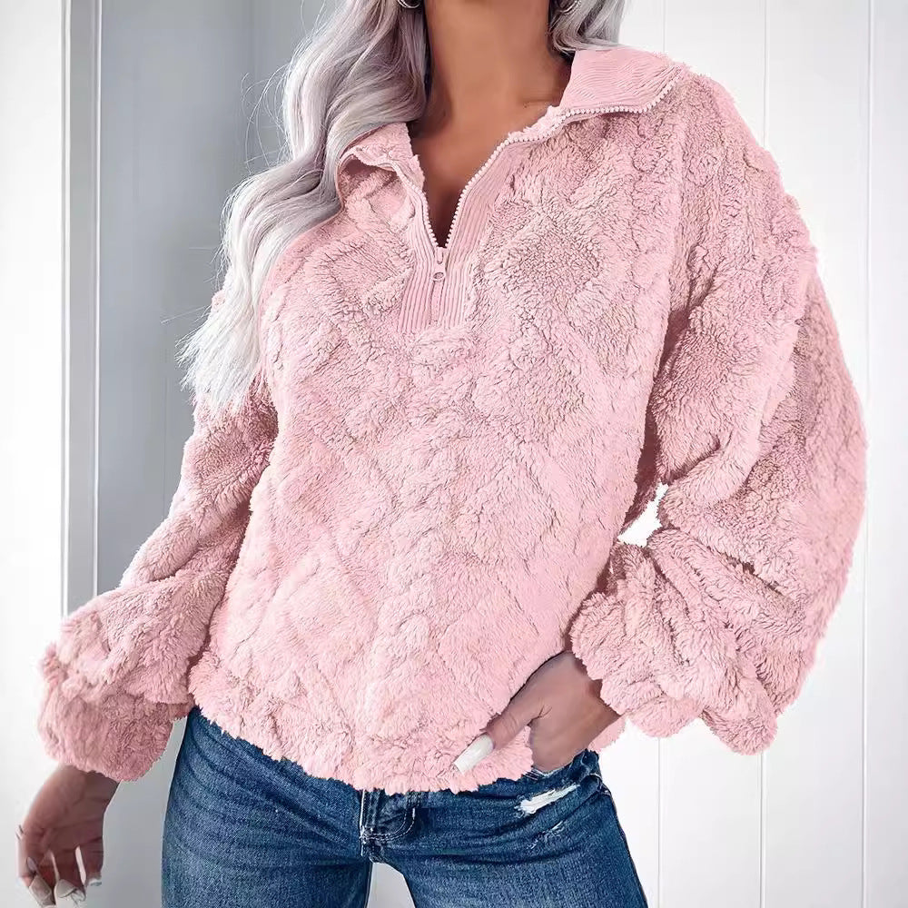 Damen Oversized Fleece-Pullover mit Stehkragen und Kunstpelz-Wabenstruktur EB