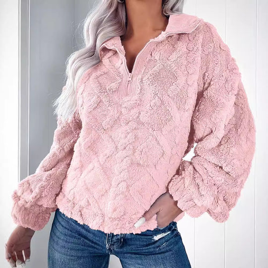 Damen Oversized Fleece-Pullover mit Stehkragen und Kunstpelz-Wabenstruktur EB