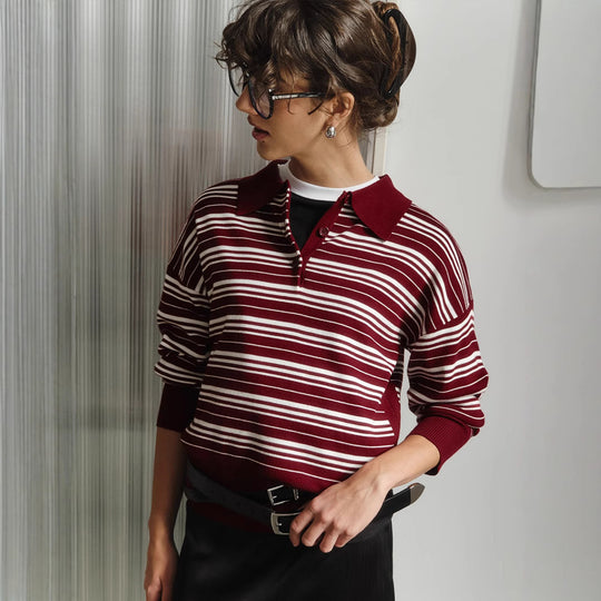 Damen Gestreifter Polo-Pullover mit Knopfleiste und langem Schnitt EB
