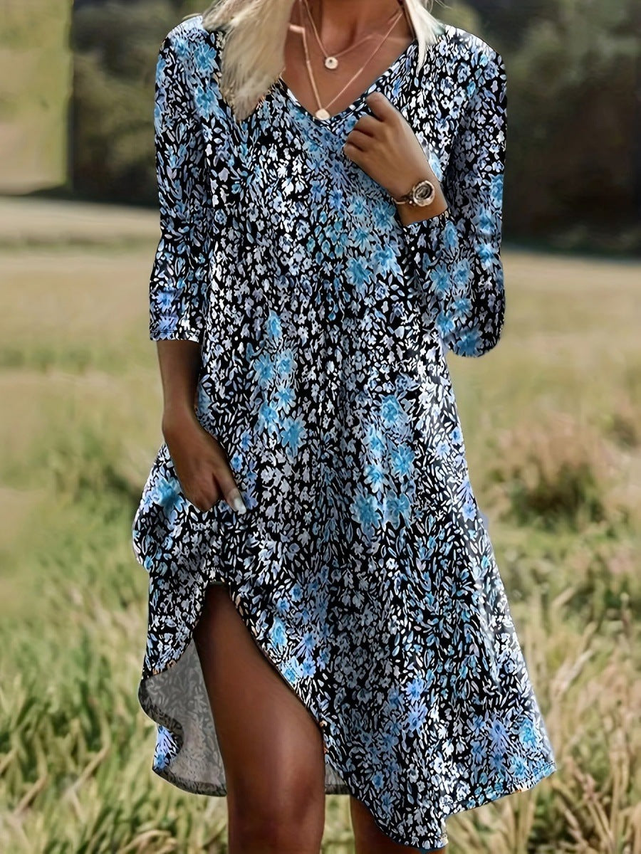 Damen Freizeitkleid mit modischem V-Ausschnitt und Seitenschlitz EB