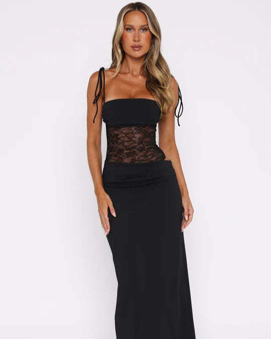 Damen nan Bandeau-Maxikleid mit transparentem Spitzenkorsett und knotbaren Spaghettiträgern EB