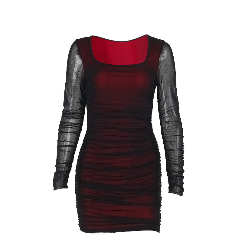 Damen figurbetontes Minikleid mit transparenten langärmeligen Einsätzen und Rüschendetails EB