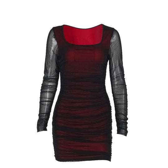 Damen figurbetontes Minikleid mit transparenten langärmeligen Einsätzen und Rüschendetails EB