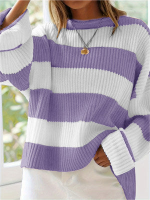 Damen gestreifter Strickpullover mit weitem Schnitt EB