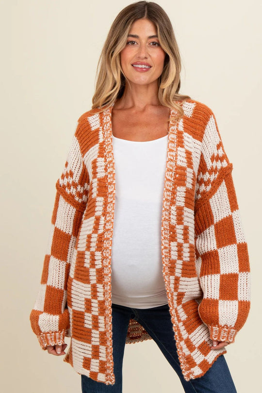 Damen lässiger Strickcardigan mit Karomuster und oversized Schnitt EB