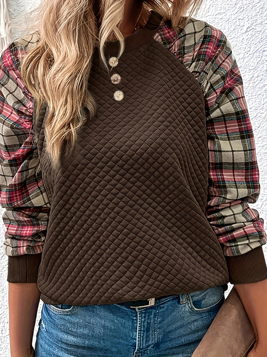Damen modischer Sweatshirt mit originellem Karomuster und strukturiertem Oberteil EB