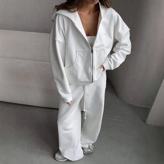 Damen oversized kurz geschnittener Kapuzenpullover und hochtaillierte Jogginghose Set aus Bio-Baumwollfleece EB