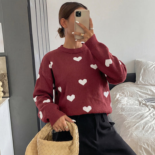 Damen Grobstrick-Pullover mit Herzintarsien und klassischem Rundhalsausschnitt EB