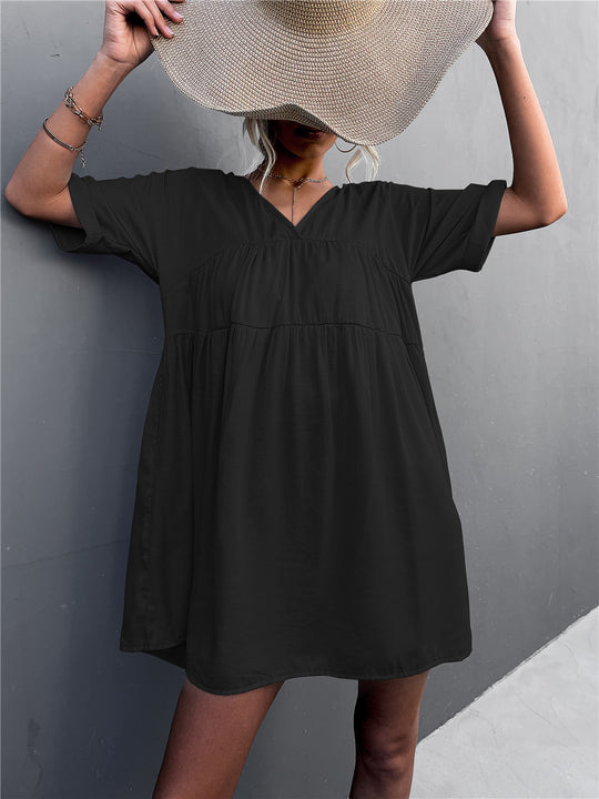Damen lässiges V-Ausschnitt Sommerkleid mit taillierter Passform und leichtem Stoff EB