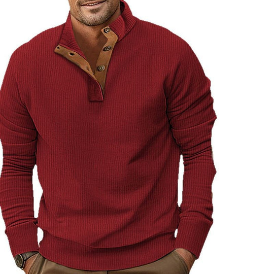 Herren nan geripptes Henley-Langarmshirt mit Stehkragen und Leder-Ellbogenpatches EB