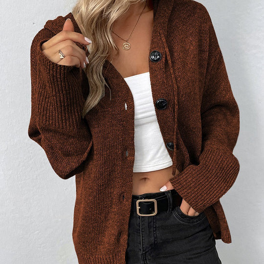 Damen Strickjacke mit Kapuze und Knöpfen EB
