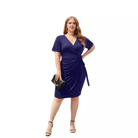 Damen Figurbetontes Wickelkleid mit kurzen Ärmeln und V-Ausschnitt EB