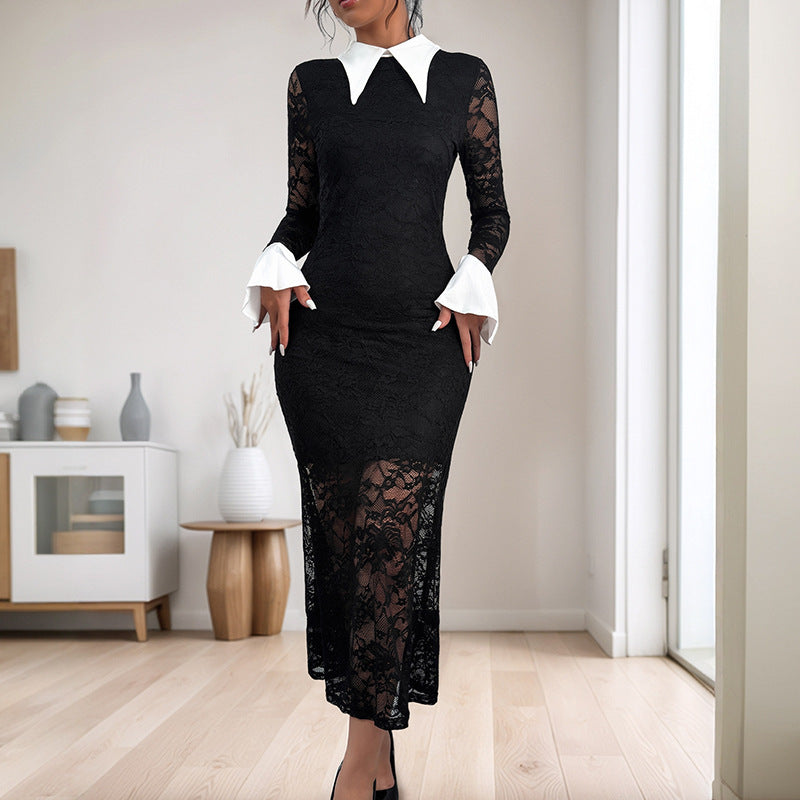 Damen Midikleid mit transparentem Spitzenoberteil und eleganter Blusenkragen EB
