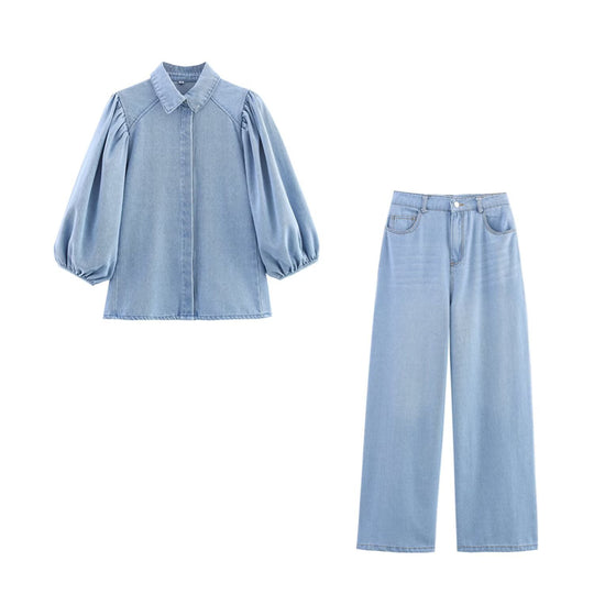 Damen luftige und strukturierte Bluse mit Balloonärmeln und weiten Jeans EB