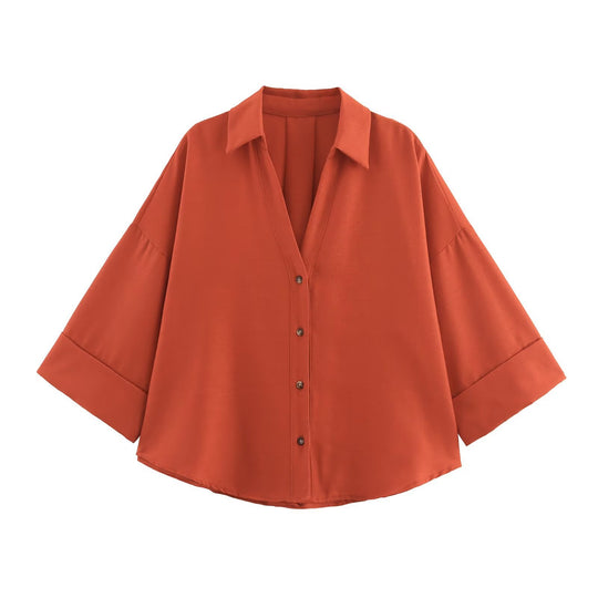 Damen nan lockere oversized Hemdbluse mit weitem Kragen und Dreiviertelärmeln EB