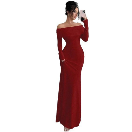 Damen Elegantes Off-Shoulder-Maxikleid mit figurbetontem Schnitt und langen Ärmeln EB