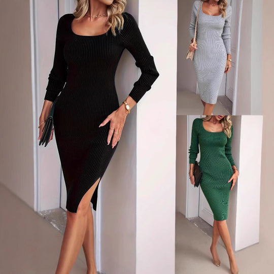 Damen Ripp-Kleid mit langem Arm und quadratischem Ausschnitt EB