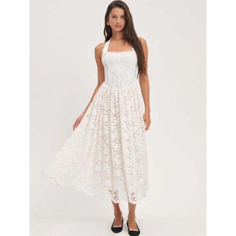 Damen luftiges Sommerkleid mit romantischem Spitzenoberteil und elastischem Taillenbund EB