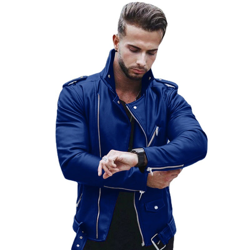 Herren nan stylische Bikerjacke aus Kunstleder mit asymmetrischem Reißverschluss und tailliertem Schnitt EB