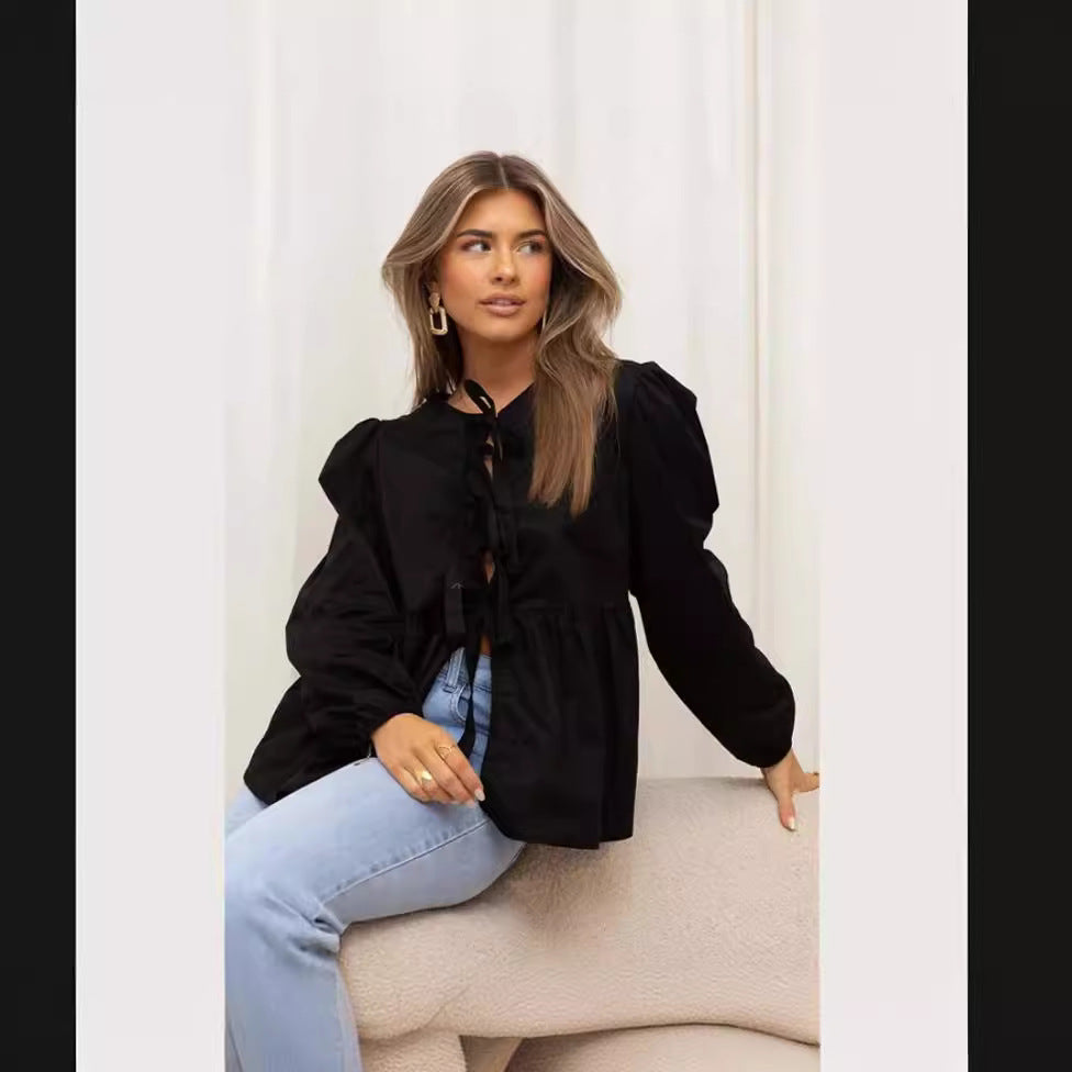 Damen elegante Bluse mit Rüschendetails und Bindeband EB