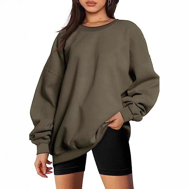 Damen nan extralanger Oversize-Sweatpullover mit Ballonärmeln, geripptem Saum und angerauter Innenseite EB