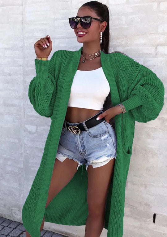 Damen Langer Strickcardigan mit weiten Ärmeln und praktischen Taschen EB