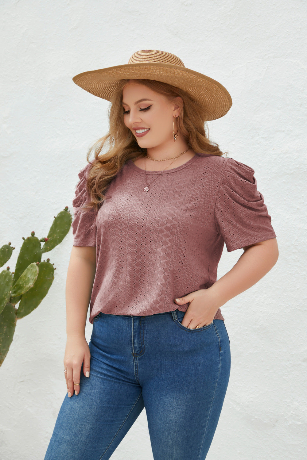 Damen Elegantes Blusenshirt mit Puffärmeln und Strukturmuster EB