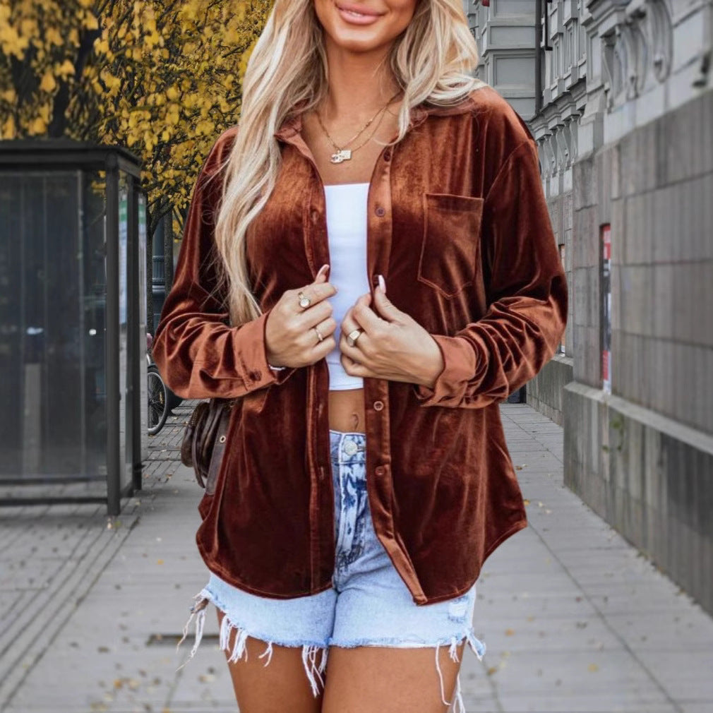 Damen Velours-Hemdjacke mit modernem Schnitt und Brusttasche EB