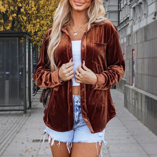 Damen Velours-Hemdjacke mit modernem Schnitt und Brusttasche EB