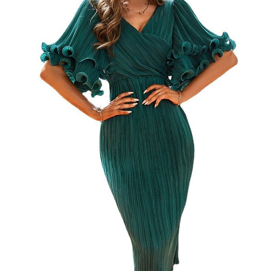 Damen Plisseekleid mit voluminösen Rüscheärmeln EB